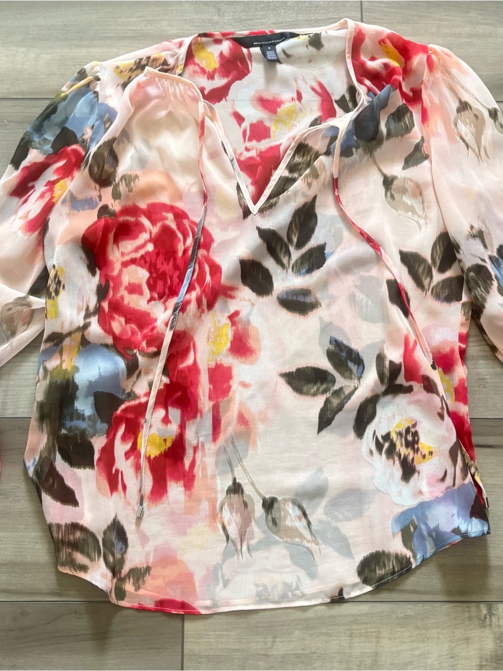 WHBM Blush Pink Floral Tie-Neck Blouse Smocked Cuffs